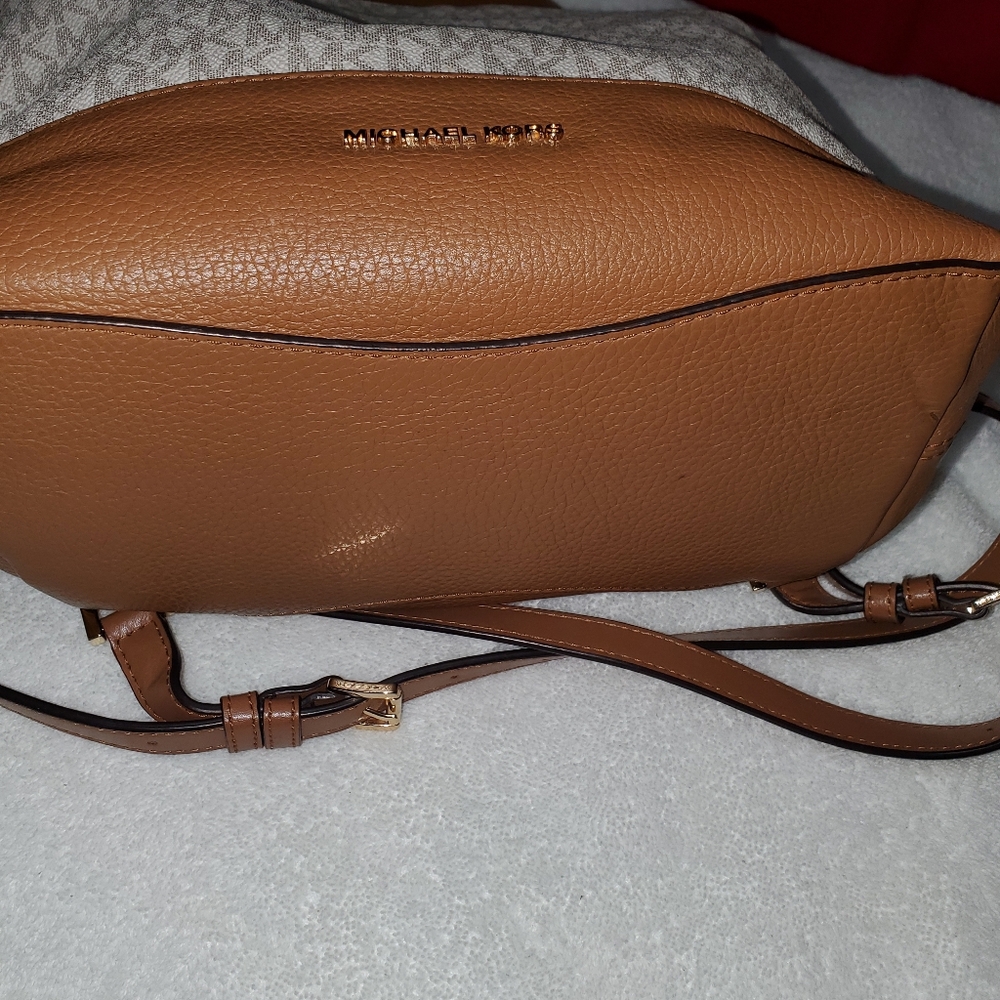 Michael Kors Brown and Beige Logo Canvas Drawstring Backpack with Leather Trim - Picture 4 of 4